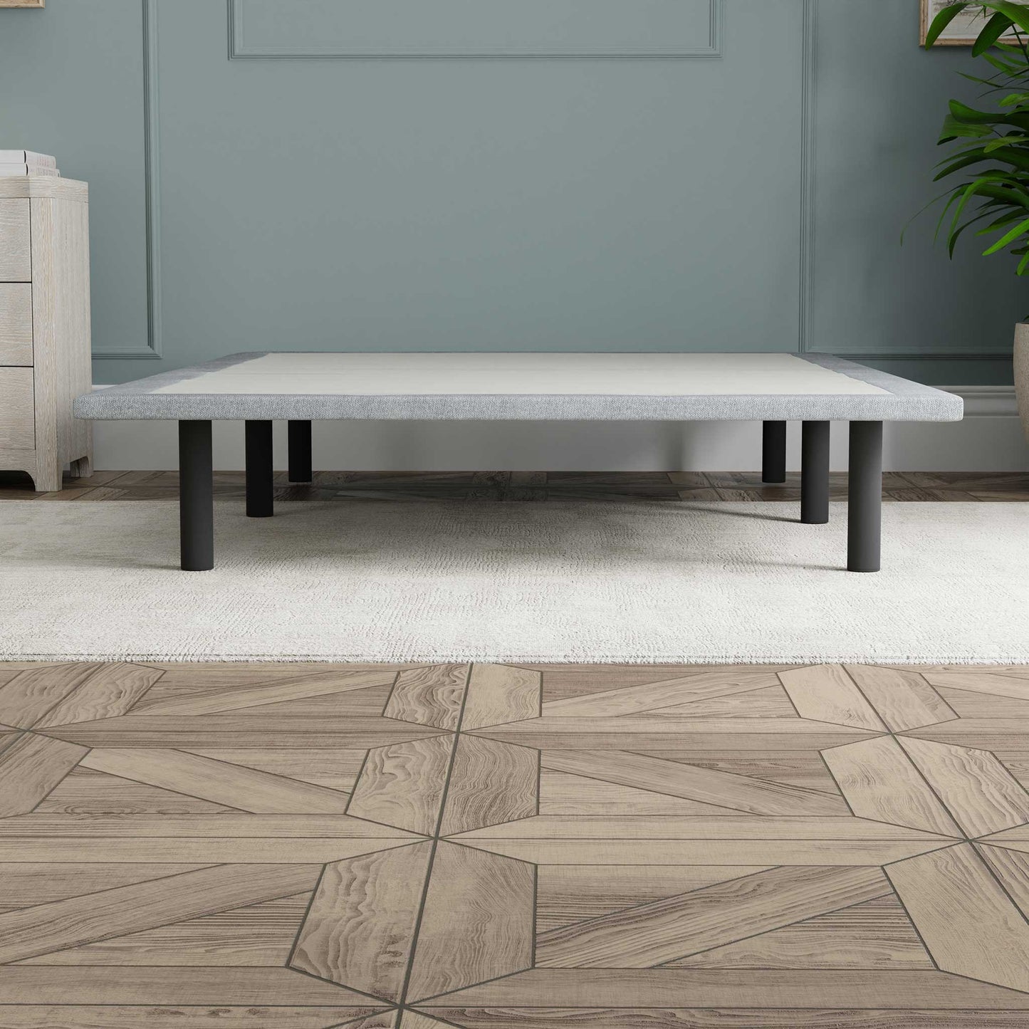 X-Plat gray woven upholstered platform foundation side view - OKC